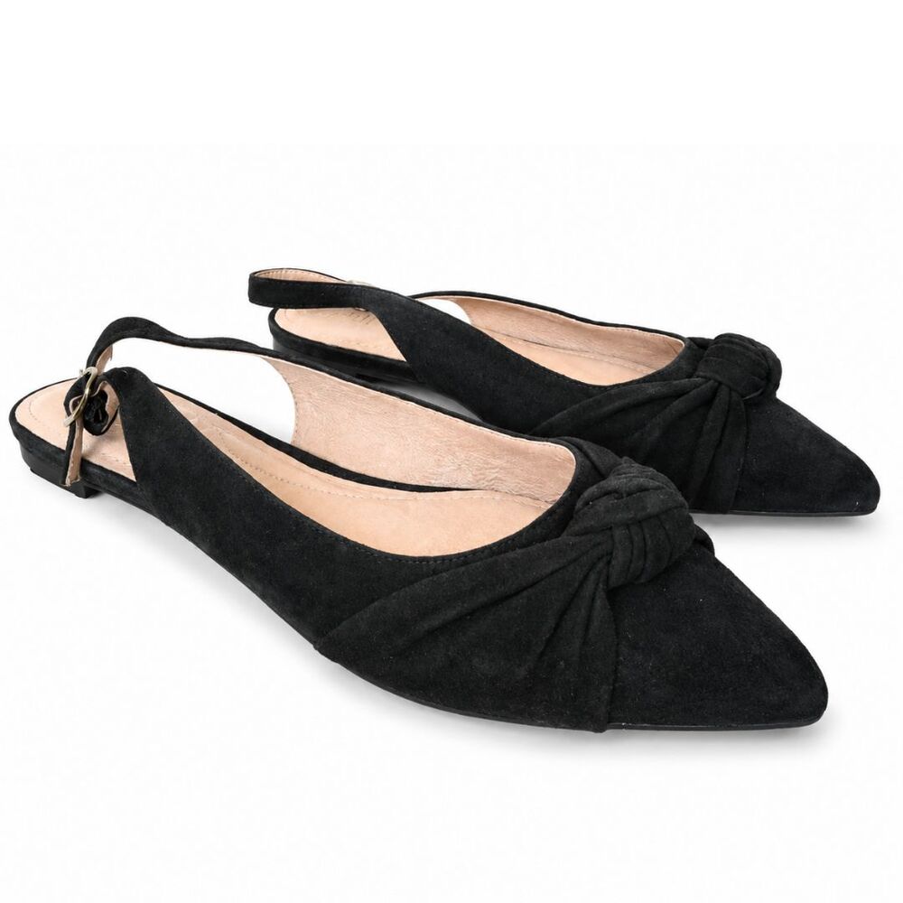 J. Jill Black Suede Pointed Toe Slingback Flats Shoes 8.5 NWOB Knot Detail Bow